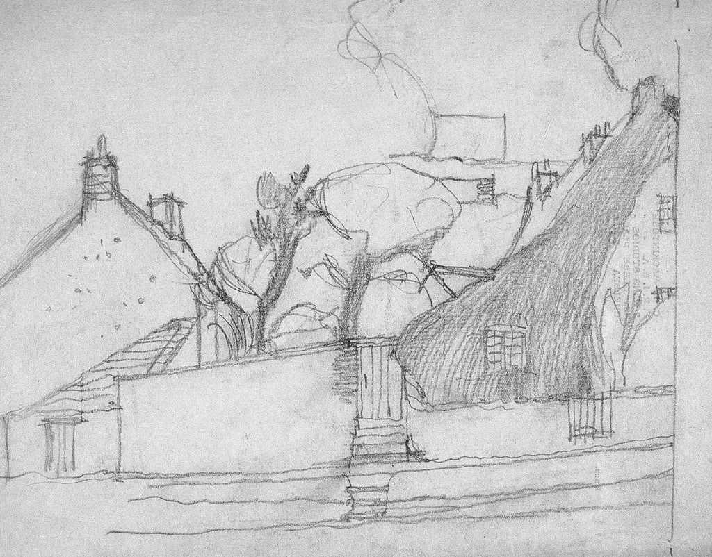 Schizzo del villaggio inglese con tetto di paglia in primo piano, 1920 circa